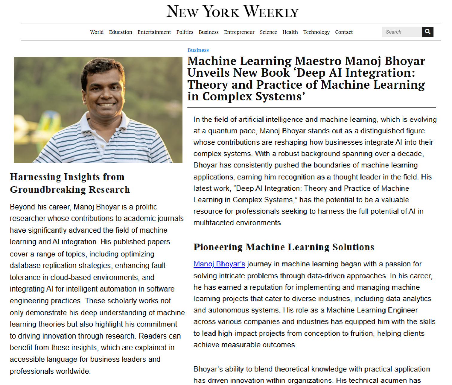 Article: Machine Learning Maestro Manoj Bhoyar Unveils New Book ‘Deep AI Integration: Theory and Practice of Machine Learning in Complex Systems’