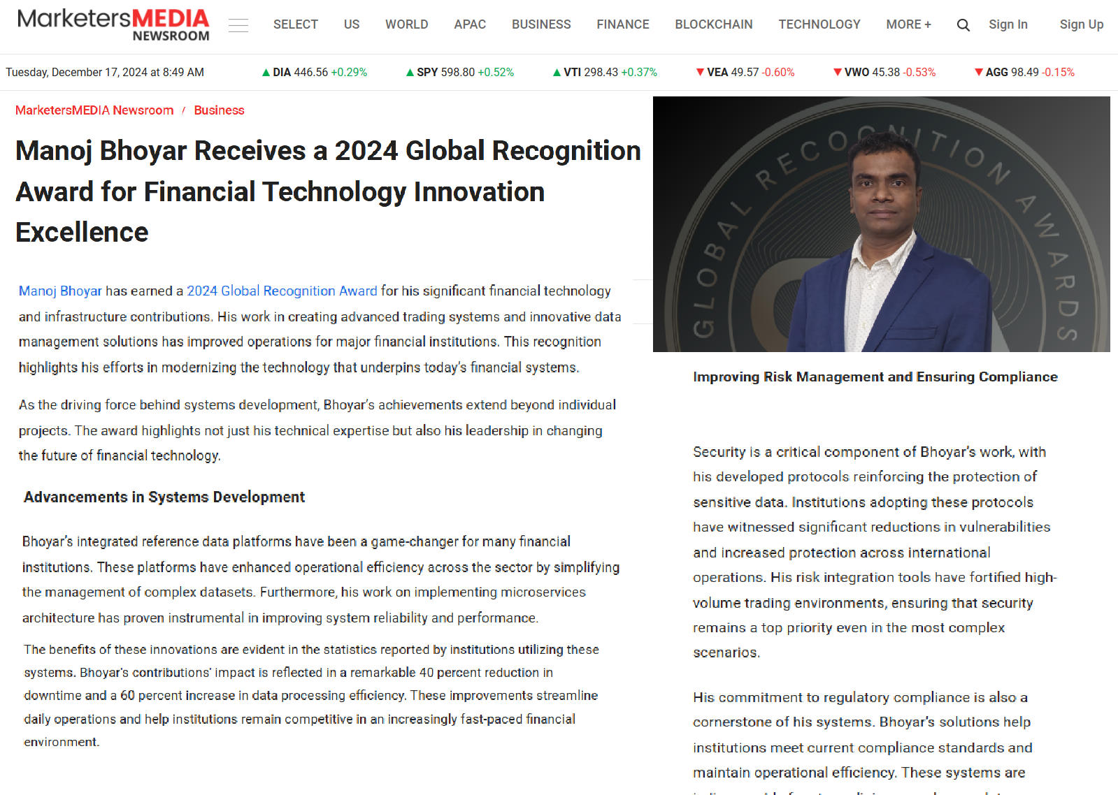 Article: Manoj Bhoyar Receives a 2024 Global Recognition Award for Financial Technology Innovation Excellence