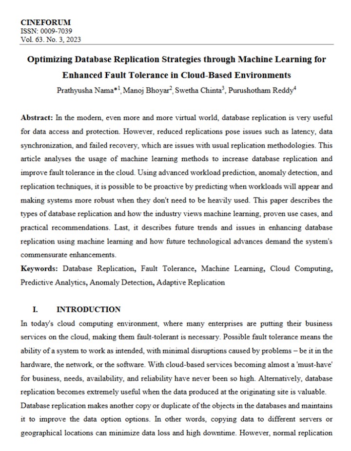 Article: Optimizing Database Replication Strategies through Machine Learning for Enhanced Fault Tolerance in Cloud-Based Environments