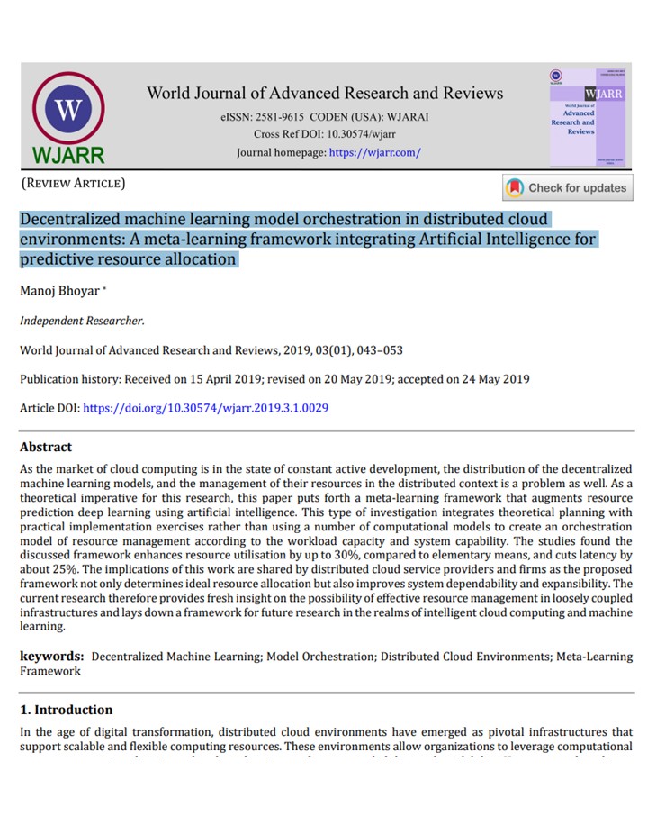 Article: Decentralized Machine Learning Model Orchestration in Distributed Cloud Environments: A Meta-Learning Framework Integrating Artificial Intelligence for Predictive Resource Allocation