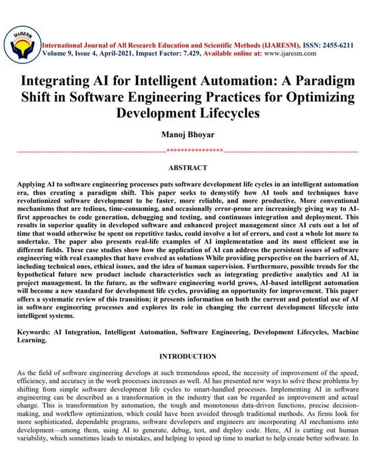 Article: Integrating AI for Intelligent Automation: A Paradigm Shift in Software Engineering Practices for Optimizing Development Lifecycles